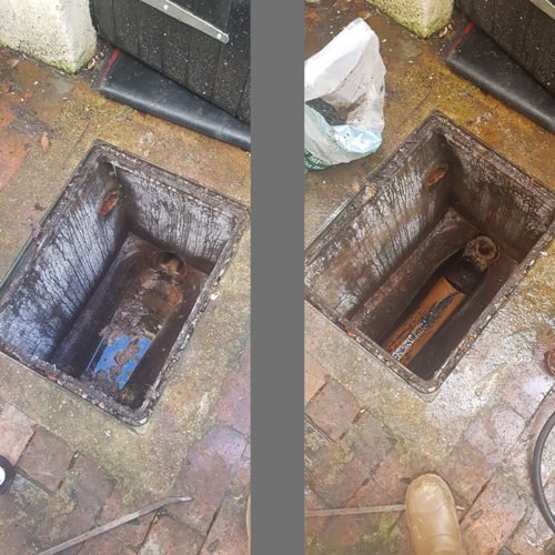 Before and after photos of drain cleaning