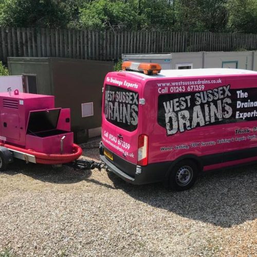 Pink West Sussex Drains van and mobile flood pump-out unit